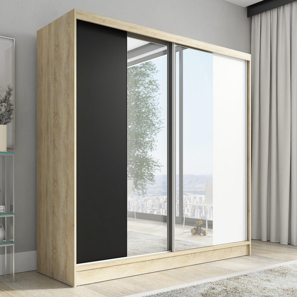 SCHWEBETÜRENSCHRANK 200 CM DUO Farbe: Sonoma | schwarz | weiß - Schwarz/Braun, Holzwerkstoff (200/215/60cm) - A&J MöbelLand