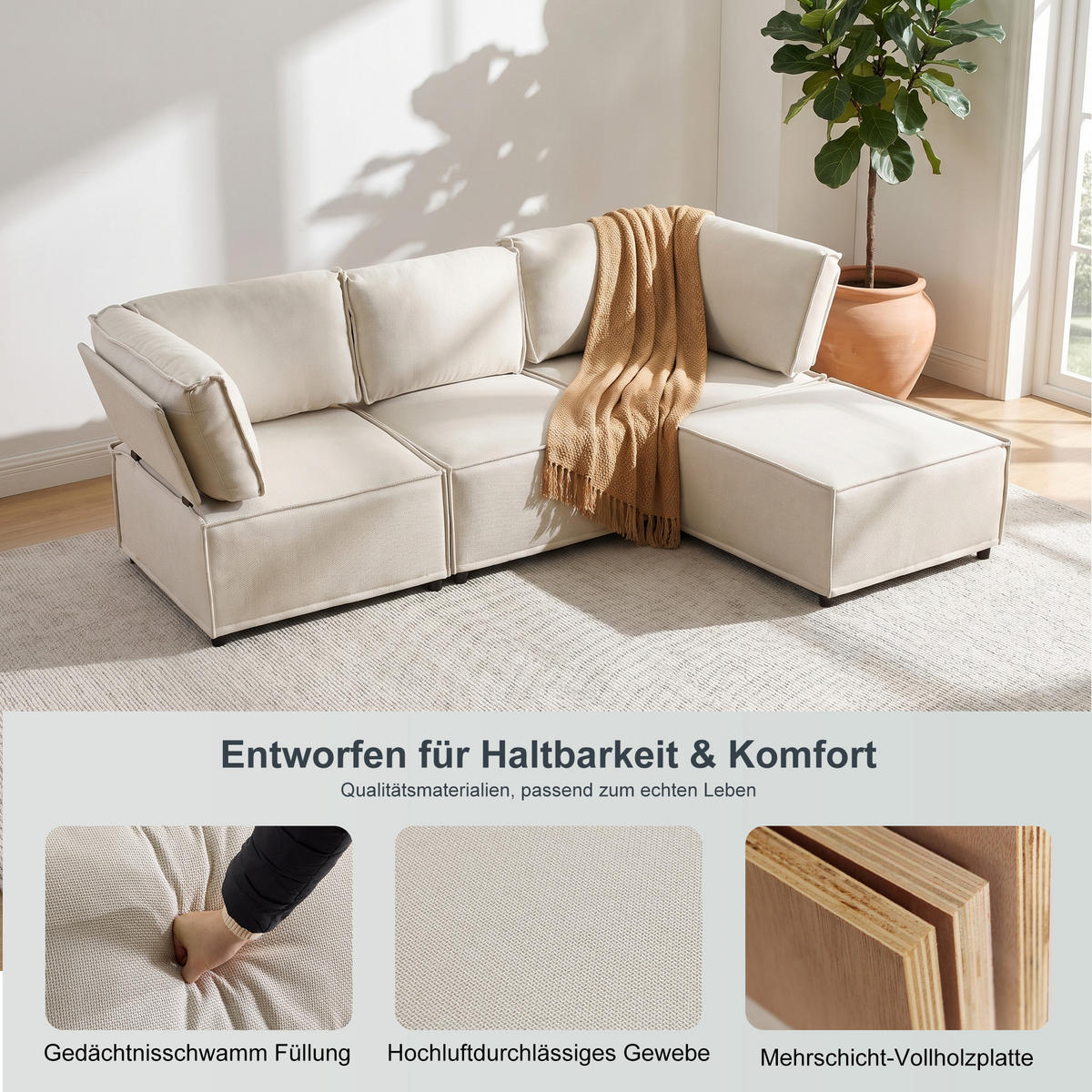 ECKSOFA DE-35021 modular Beige - Beige, Holzwerkstoff (154/238cm) - ComfortXL