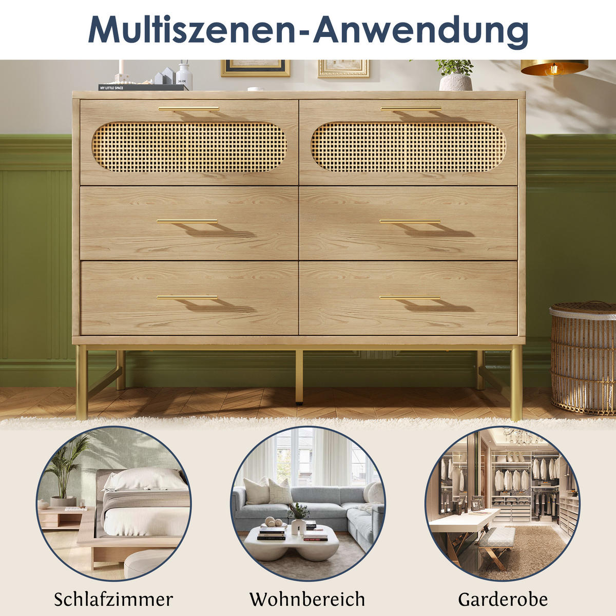 KOMMODE in Eichenfarben Sideboard mit 6 Schubladen für Wohnzimmer und Schlafzimmer, B120/T40/H77 cm - Eichefarben/Goldfarben, Holzwerkstoff/Metall (120/74/40cm) - STILVORA