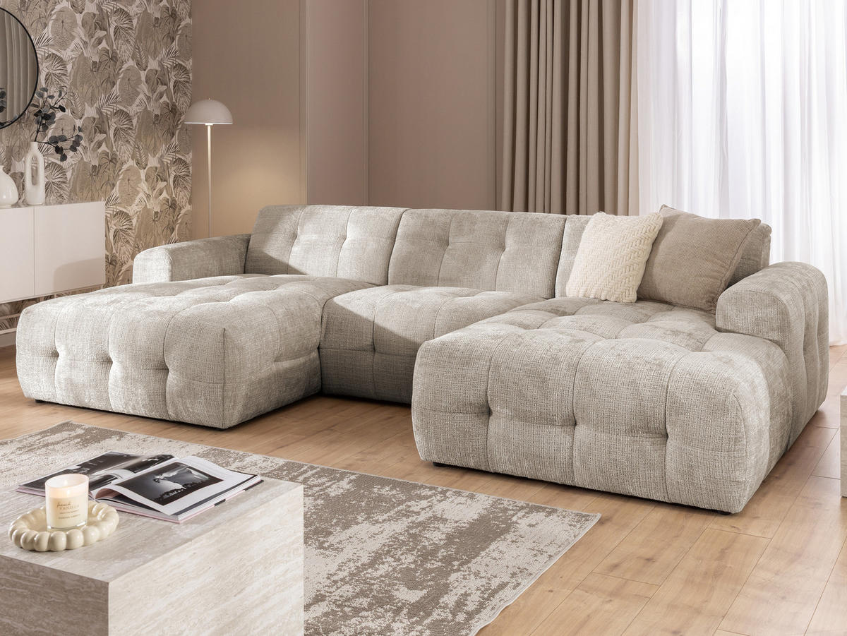 WOHNLANDSCHAFT Kozy im Bumpy-Design mit fester Rückenlehne aus weichem Dunkelbeige Chenille-Stoff - Beige/Schwarz, Holz/Kunststoff (323/79/161cm) - S-Style Möbel