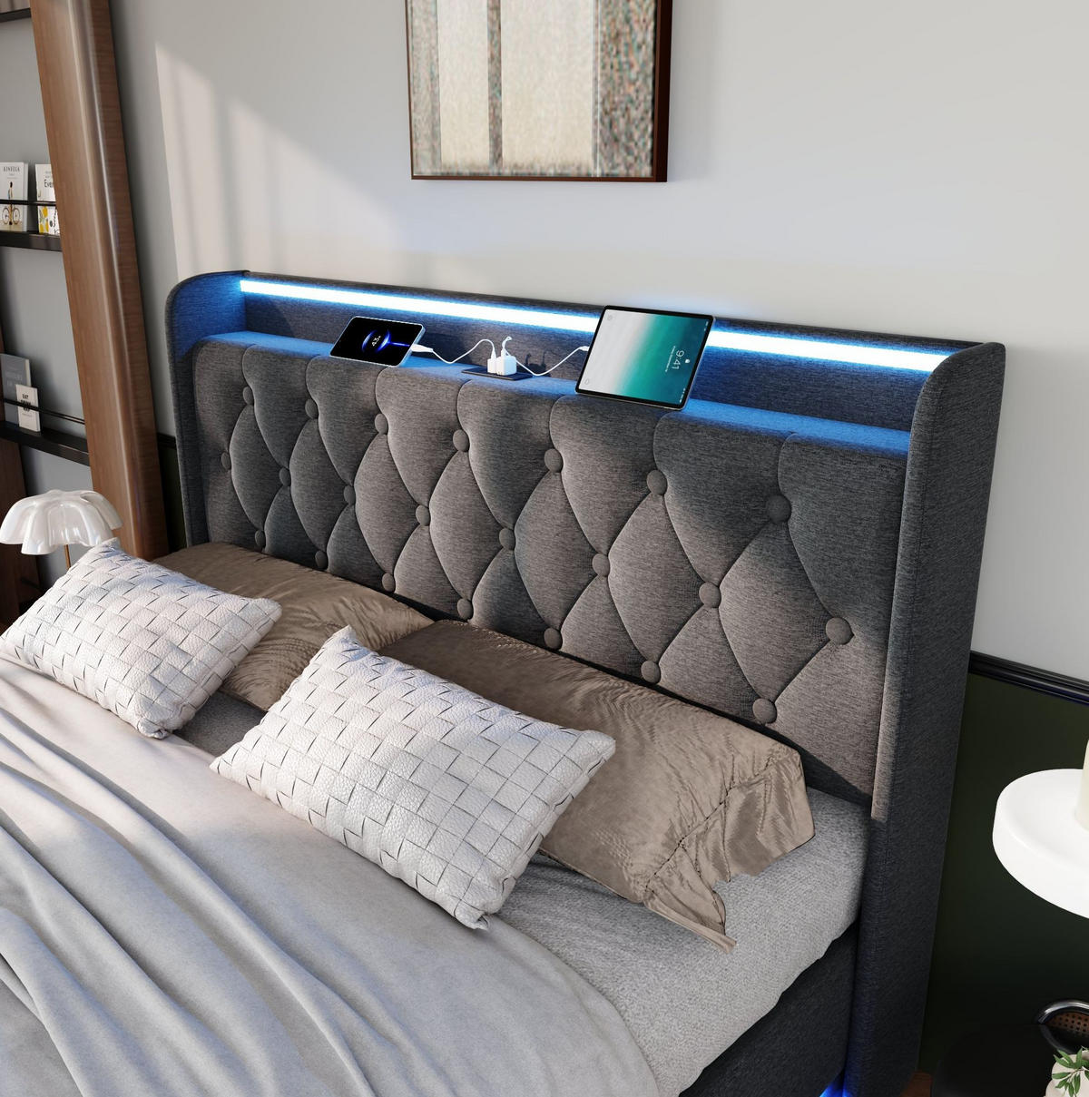 POLSTERBETT 160/200 cm Grau aus Leinen mit LED und Stauraum - Grau, Textil (160/200cm) - OKMYHOME