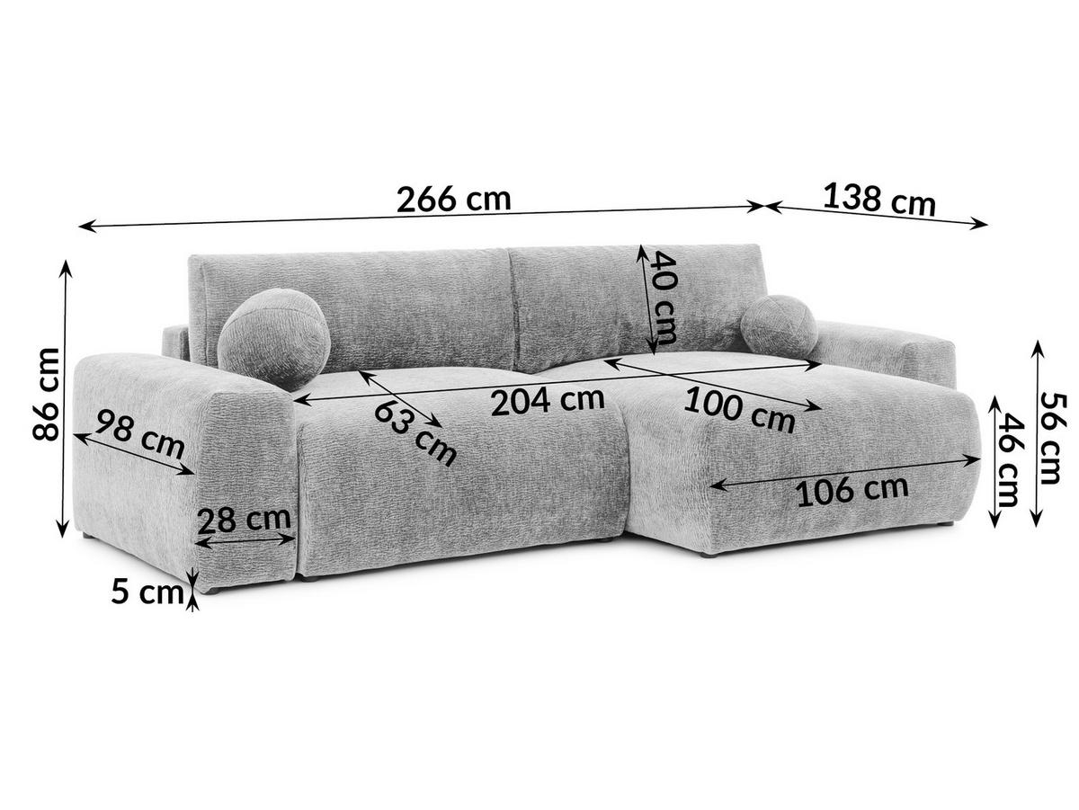 ECKSOFA Puffy mit Schlaffunktion und Bettkasten - besonders weich und puffig aus Hellgrau Stoff mit Chenillestruktur - Ottomane rechts - Hellgrau/Schwarz, Holz/Kunststoff (266/138cm) - S-Style Möbel