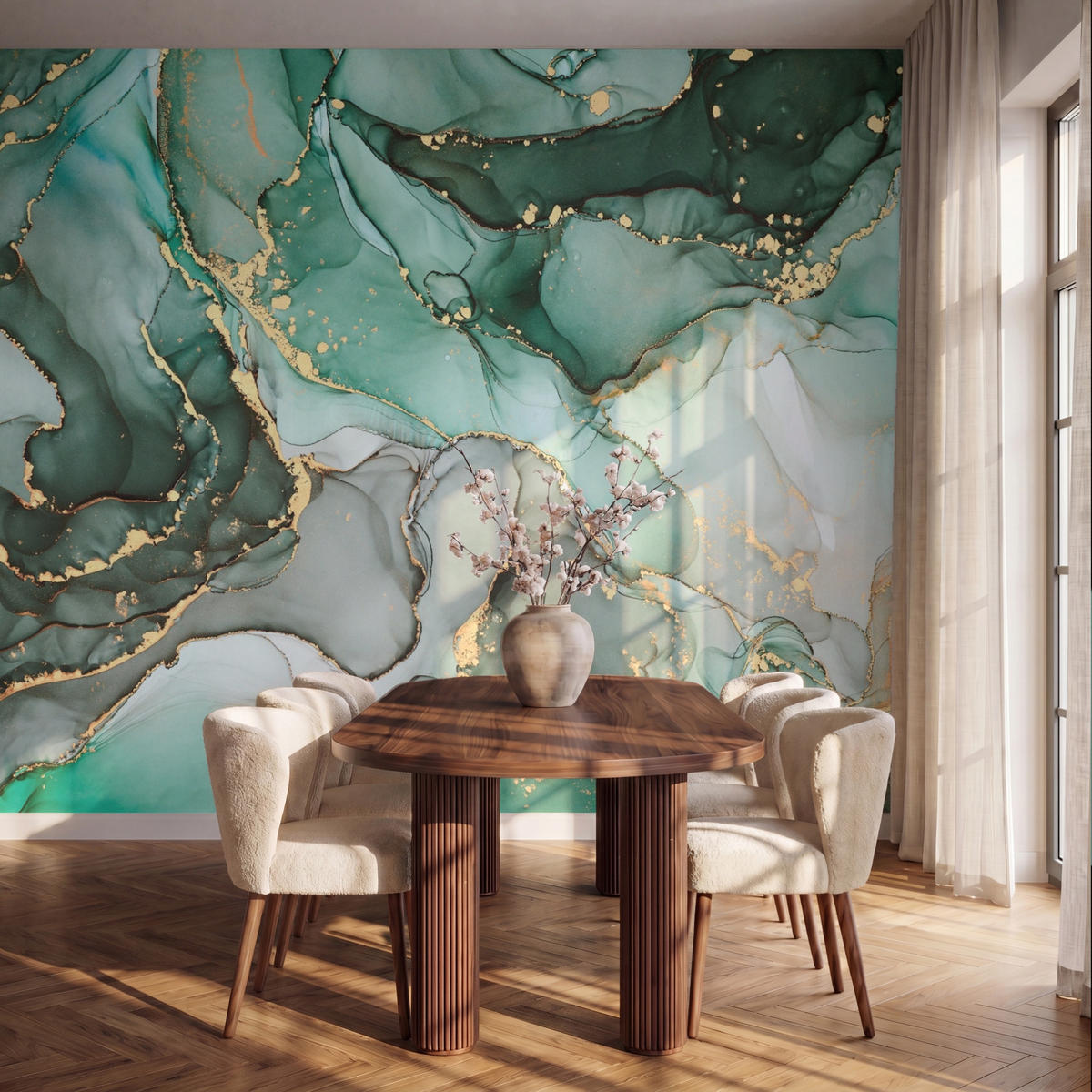TAPETE - Gold - Marmor - Grün - Luxus - Marmoroptik - Grau - 350x280 cm - Grün, Papier (350/280cm) - OnlyWow
