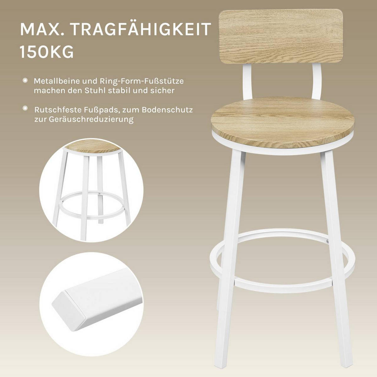 BARHOCKER 2er Set, Metallgestel, Helle Holzoptik - Eichefarben/Weiß, Holzwerkstoff/Metall (51.5/89/51.5cm) - Woltu