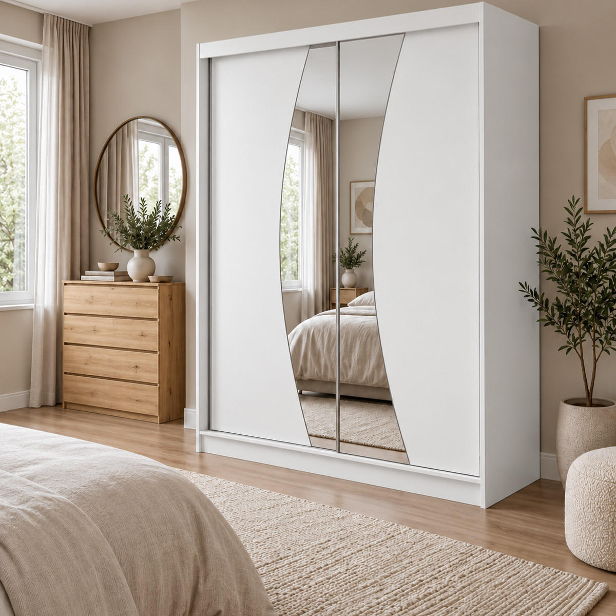 KLEIDERSCHRANK Nox 200 cm Weiß Spiegel 2 Schubladen Griffe silber - Weiß, Holzwerkstoff (200/216/61cm) - KS Home Concept