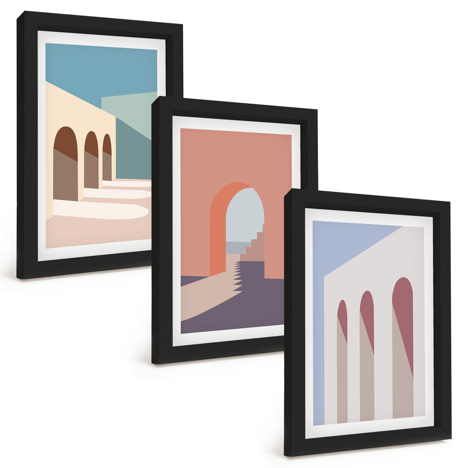 BILDER SET 3er Set - 20x30 cm Schwarzer Rahmen - Architekturgrafiken in Pastellfarben - Schwarz, Kunststoff (20/30cm) - TULUP