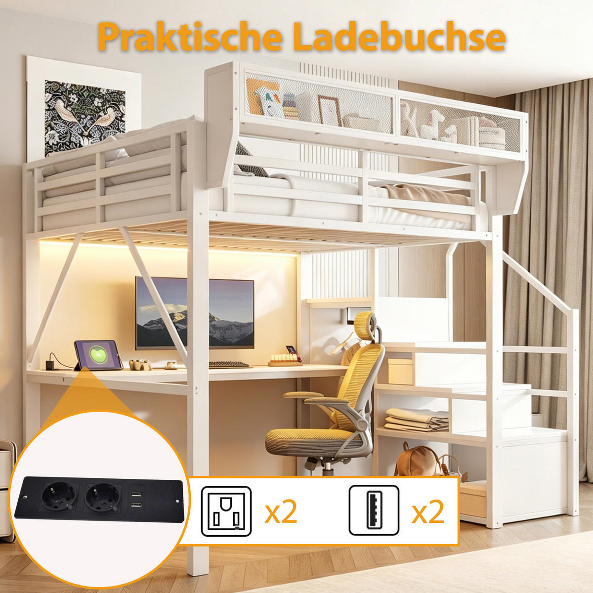 HOCHBETT 140/200 cm in Weiß mit LED, Schreibtisch, Sicherheitsleiter und Regal aus Metall - Schwarz/Weiß, Metall (140/200cm) - STILVORA