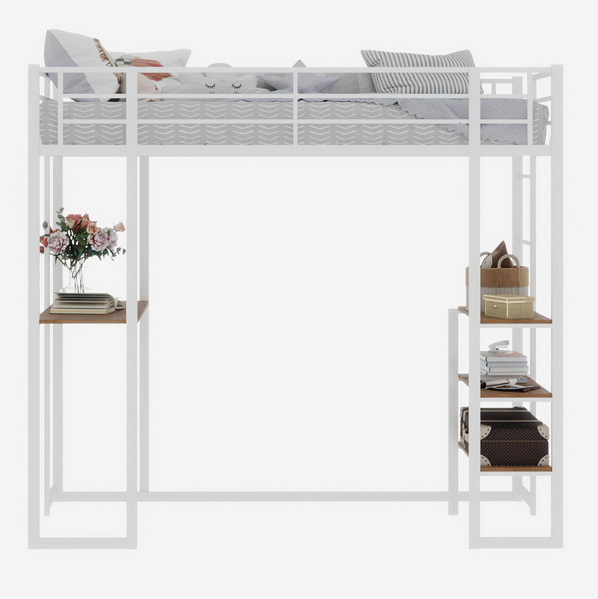 HOCHBETT 90/200 cm weiß aus Eisen mit Schreibtisch und beidseitiger Leiter - Weiß, Metall (90/200cm) - OKWISH