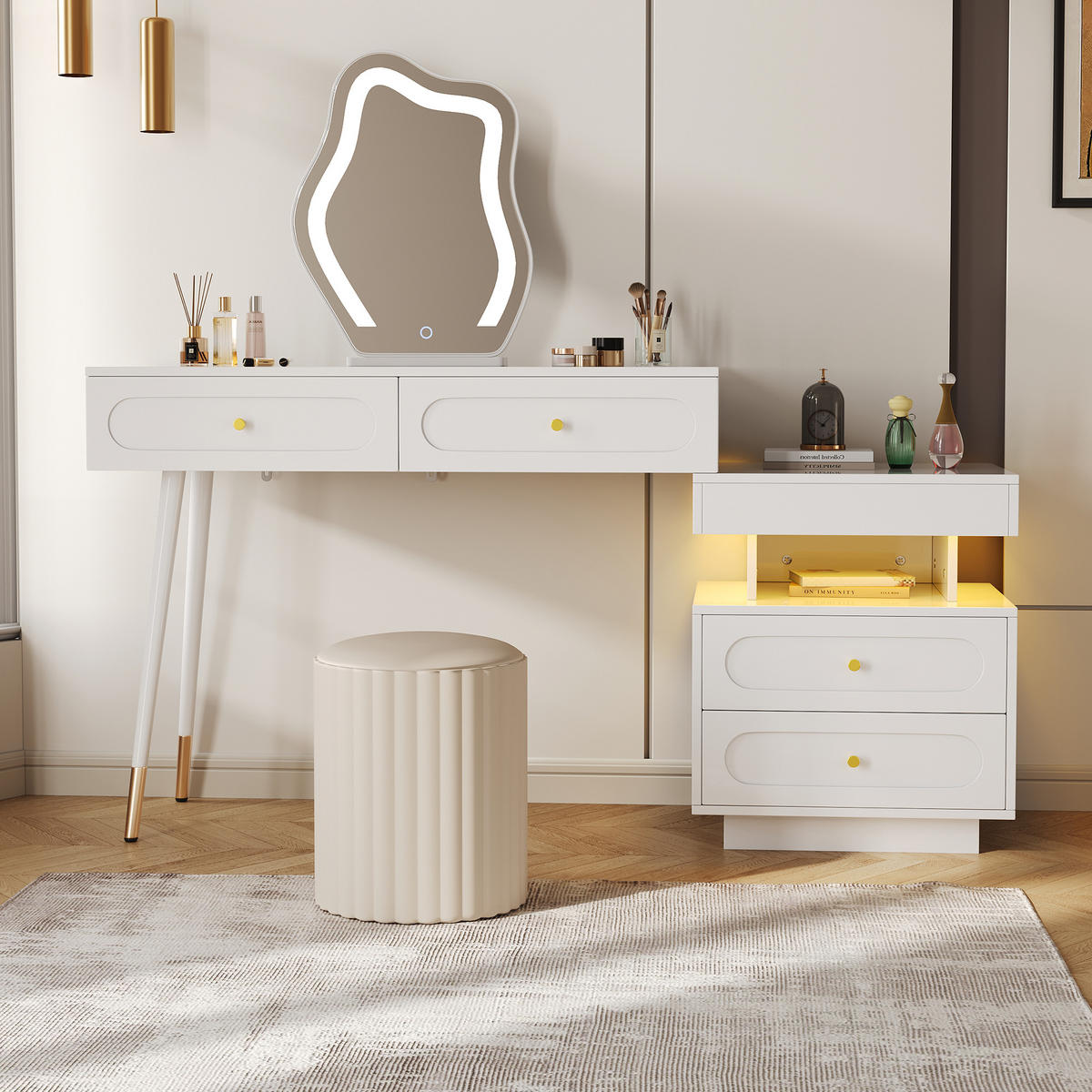 SCHMINKTISCH in Weiß Frisiertisch mit LED-Spiegel, 4 Schubladen & offenem Fach, für Schlafzimmer und Ankleidezimmer, B140/T40/H130cm - Weiß, Holzwerkstoff/Metall (140/130/40cm) - STILVORA