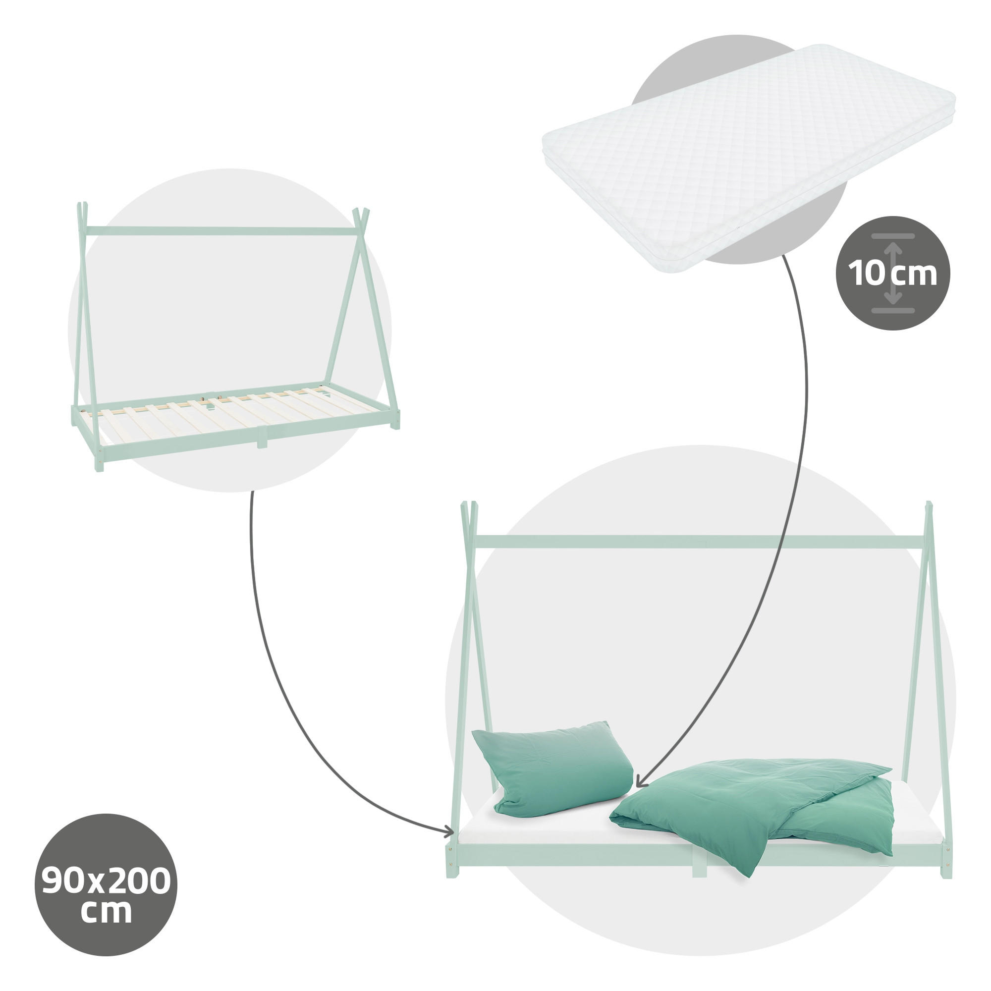 KINDERBETT Tipi mit Matratze 90x200 cm Mint - Mintgrün, Holz (90/200cm) - ML-DESIGN