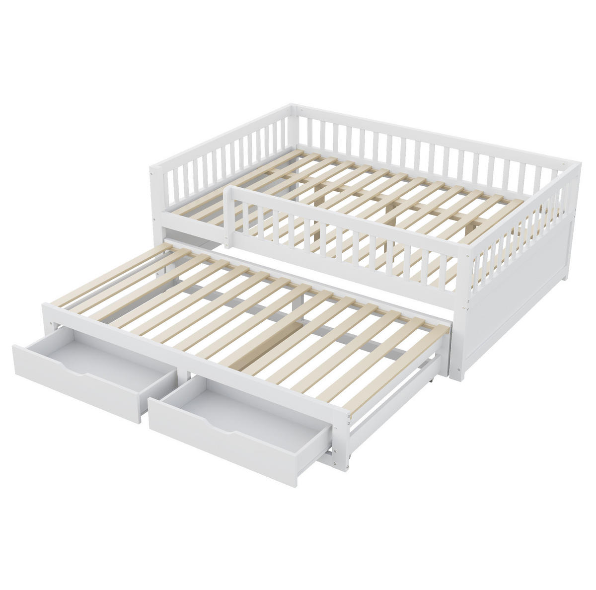 MULTIFUNKTIONSBETT 140/200 cm aus Massivholz mit Sicherheitsgitter und Ausziehbett Weiß - Weiß, Holz - OKWISH