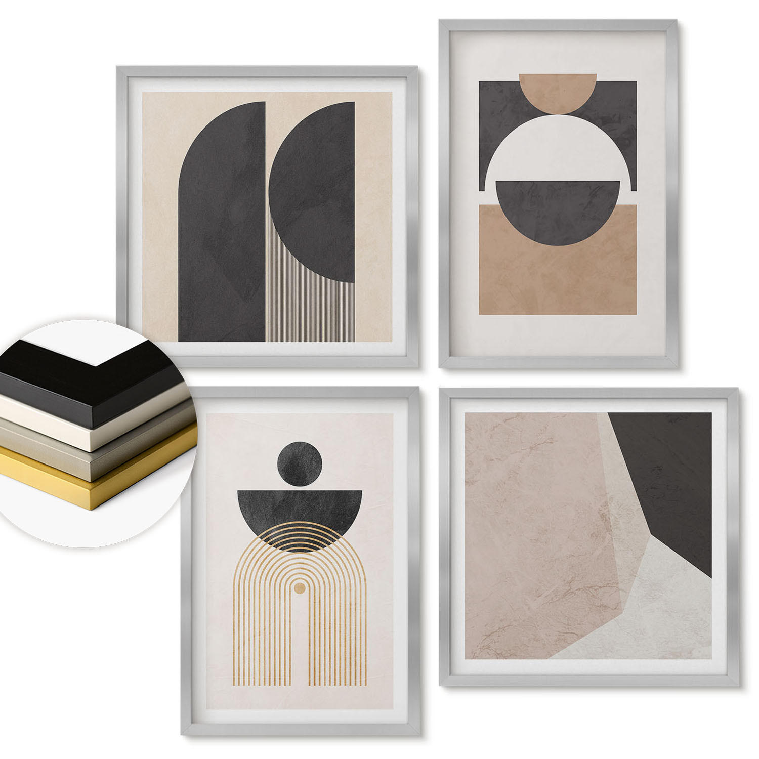 WANDBILDER 4er Set - 50x50 cm & 40x60 cm Silberner Rahmen - Abstrakte Formen beige braun - Silberfarben, Kunststoff (50/50cm) - ArtPrintCave