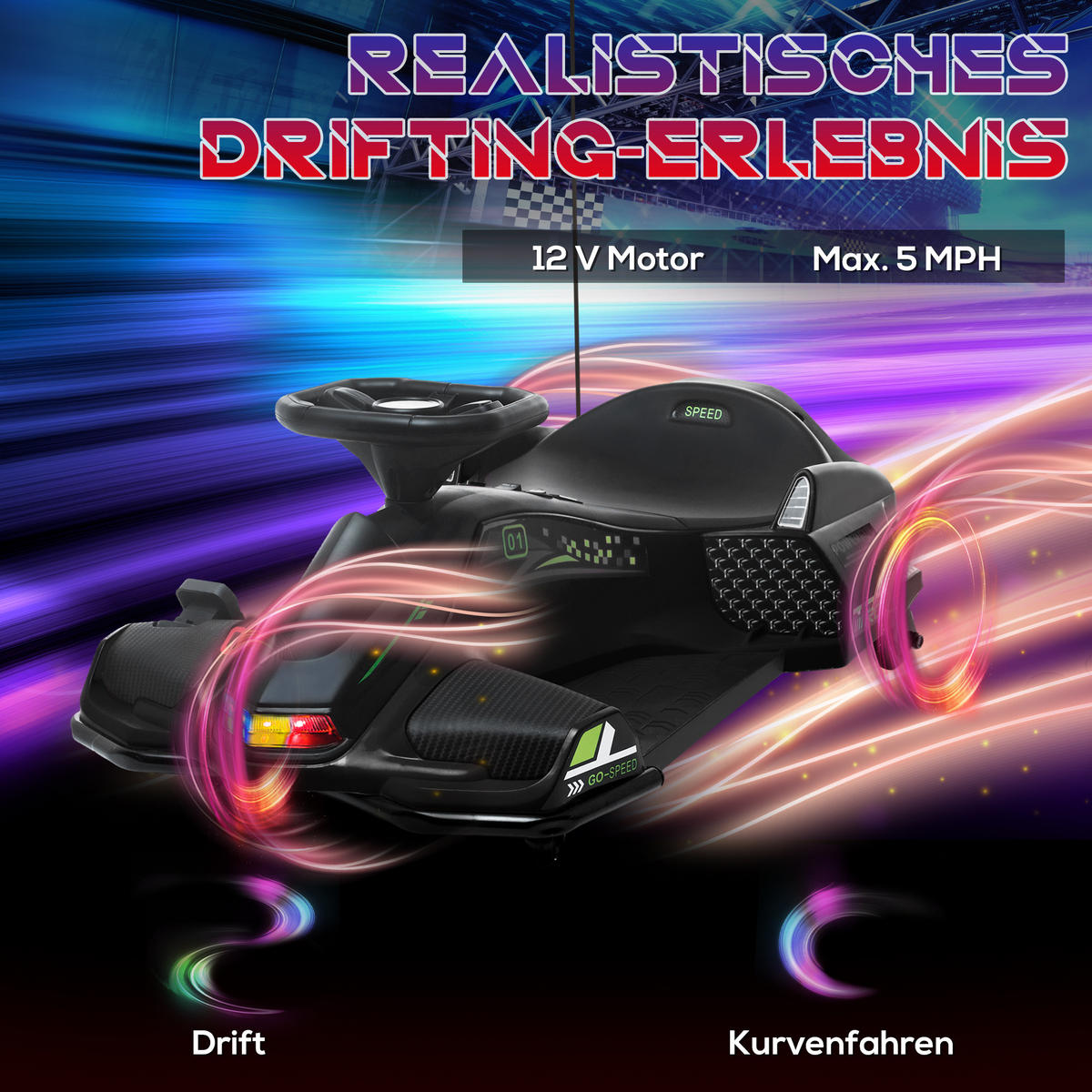 KINDER-ELEKTROGOKART 12 V 3-8km/h Drift Kart mit Driftmodus Lichtern Musik - Schwarz, Kunststoff (90/53/99cm) - HOMCOM