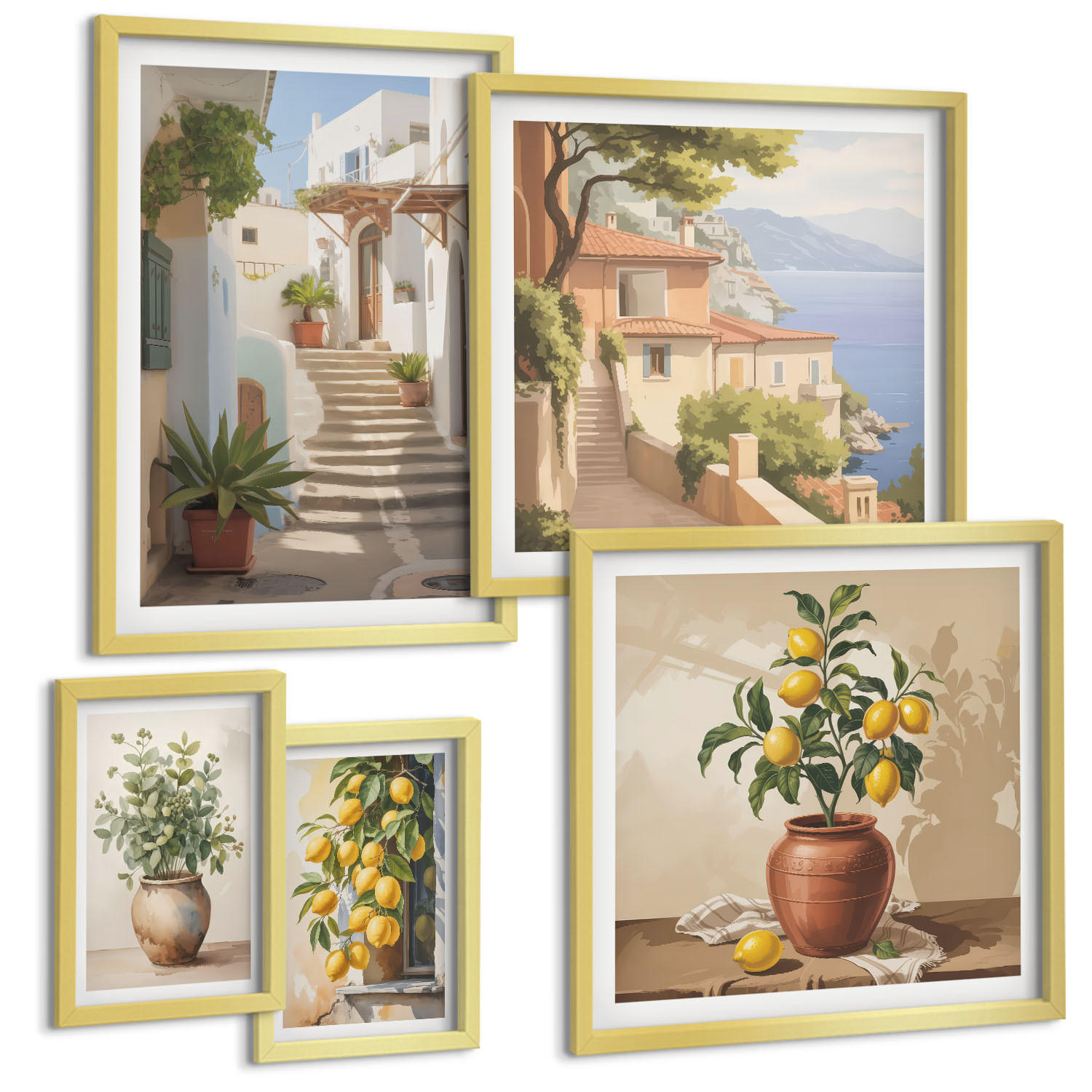 BILDER SET 5er Set - 50x50 cm & 20x30 cm & 40x60 cm Goldrahmen - Blumen in einer Vase, ein Meer aus Zitronen - Goldfarben, Kunststoff (40/60cm) - TULUP