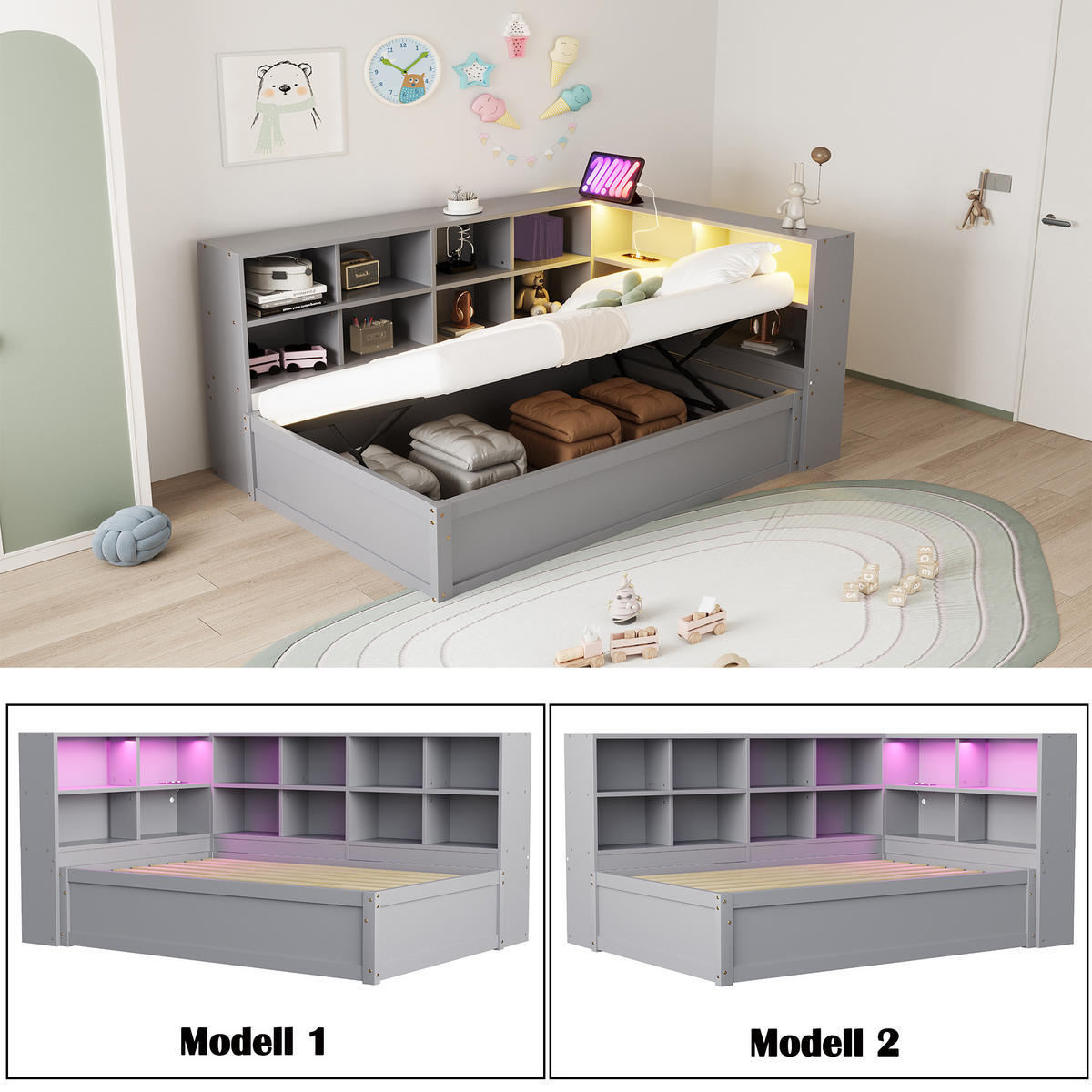ČALOUNĚNÁ POSTEL 90x200cm Masiv Dřevo LED USB Úložná Šedá - šedá, dřevo (90/200cm) - FLIEKS