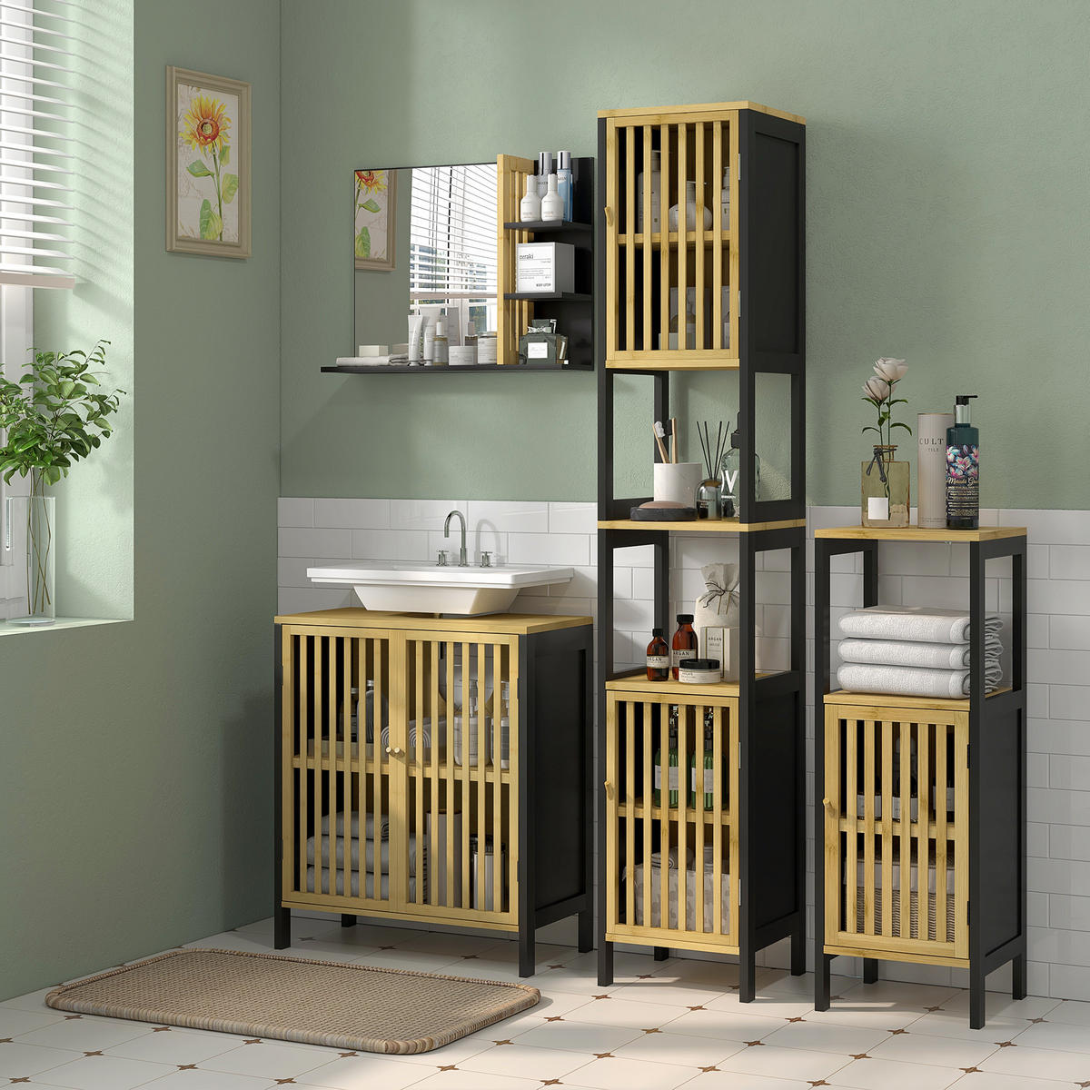 SPIEGELSCHRANK, vierstufiger Wandspiegel aus Holz fürs Badezimmer, 45 x 15 x 58,5 cm ,Schwarz - Schwarz, Glas (45/58.5/15cm) - Vallsero