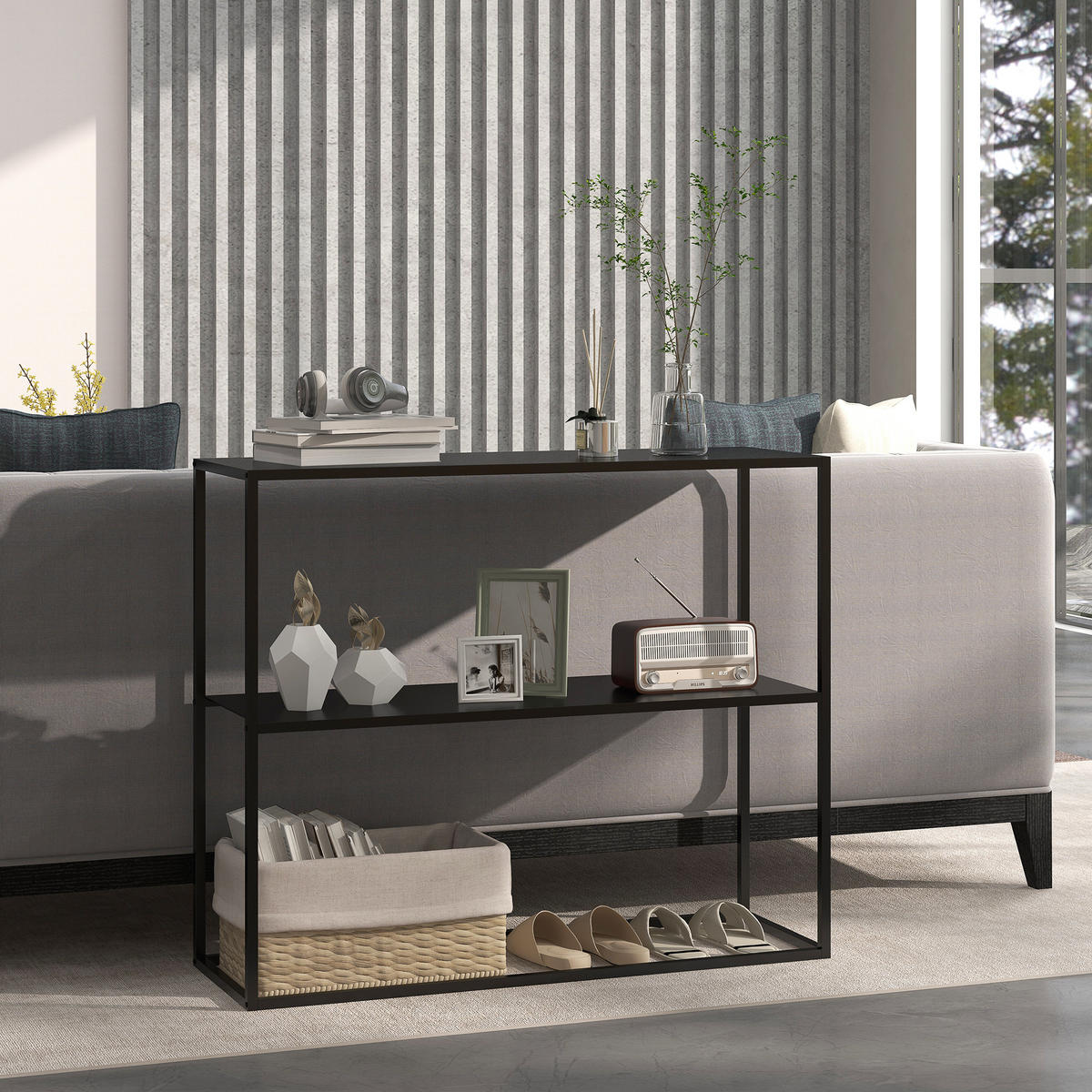 KONSOLENTISCH, 2 Etagen, 90 x 30 x 75cm - Schwarz, Metall (90/30/75cm) - HOMCOM