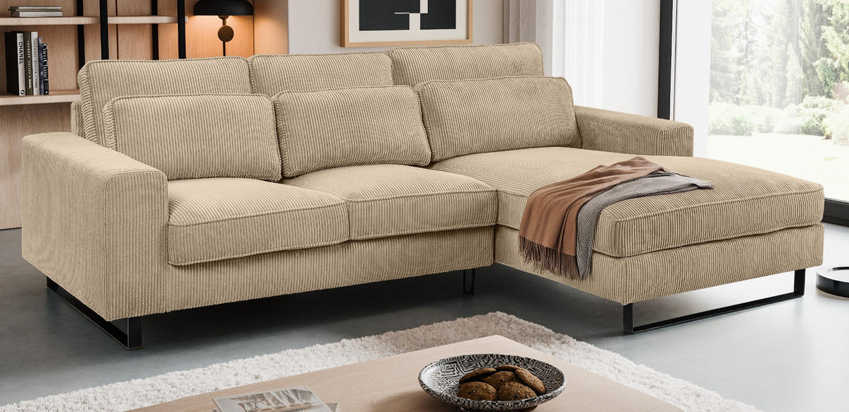 SOFA beige Cord 276 cm, Ecksofa 4-Sitzer, L-Sofa Ottomane rechts - Beige/Schwarz, Holz/Textil (276/183cm) - Inn.Furn