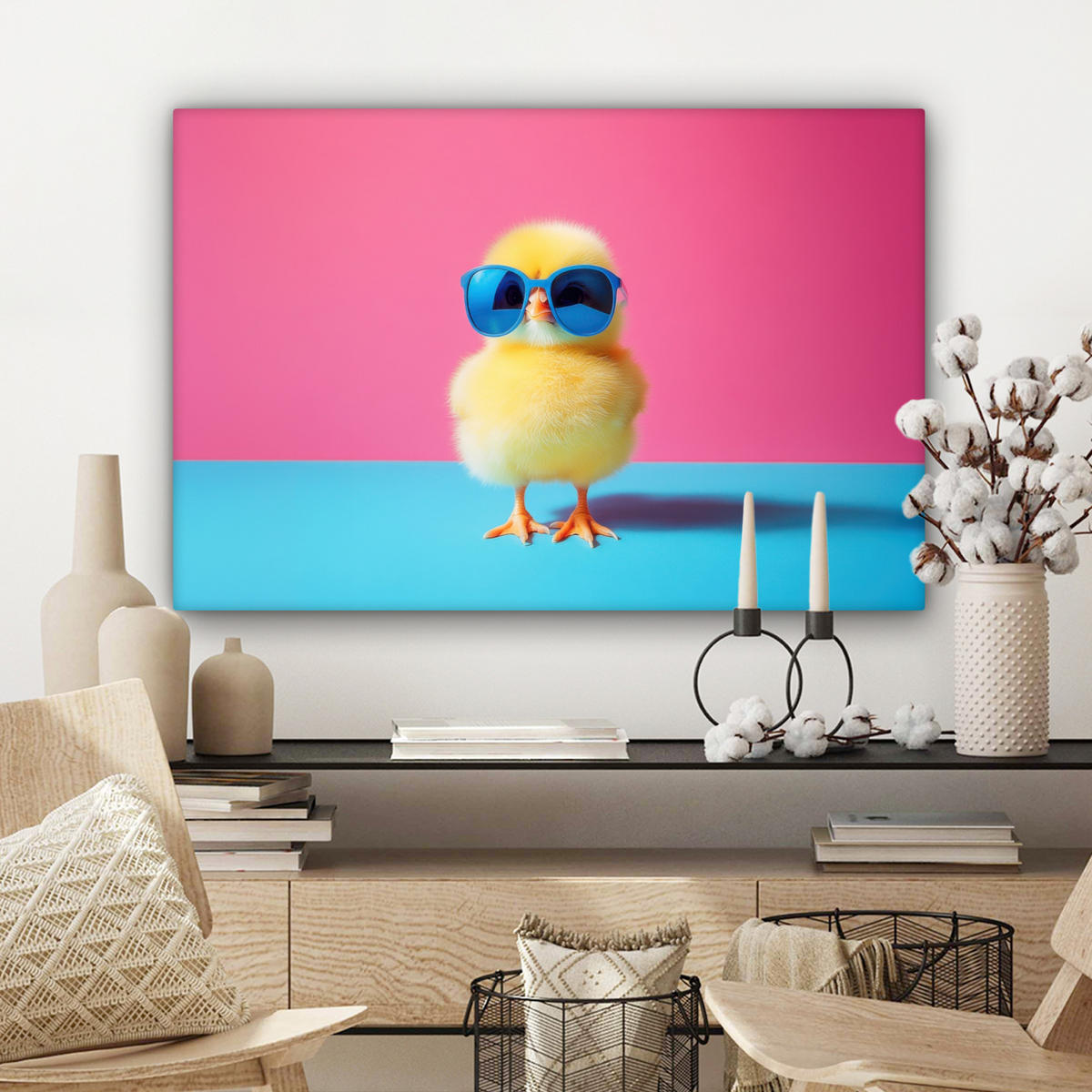 LEINWANDBILD Chick - Sonnenbrille - Blau Gemälde 60x40 cm - Pink/Gelb, Textil (60/40cm) - MuchoWow