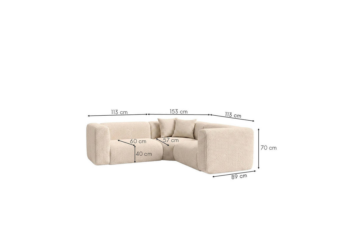 ECKSOFA Modulares, Corner mini, Chenille-Stoff Cremona, Creme, GRETA - Creme, Holz (380/190cm) - Kaiser Möbel