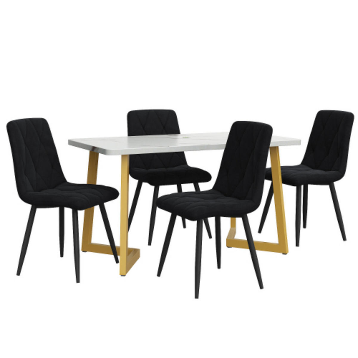 ESSGRUPPE 5-teilig mit Marmoroptik-Esstisch 117×68 und vier schwarzen Samtstühlen als modernes rechteckiges Küchenset, weiß-schwarz - Schwarz, Holzwerkstoff (68/75/117cm) - Luhomfu