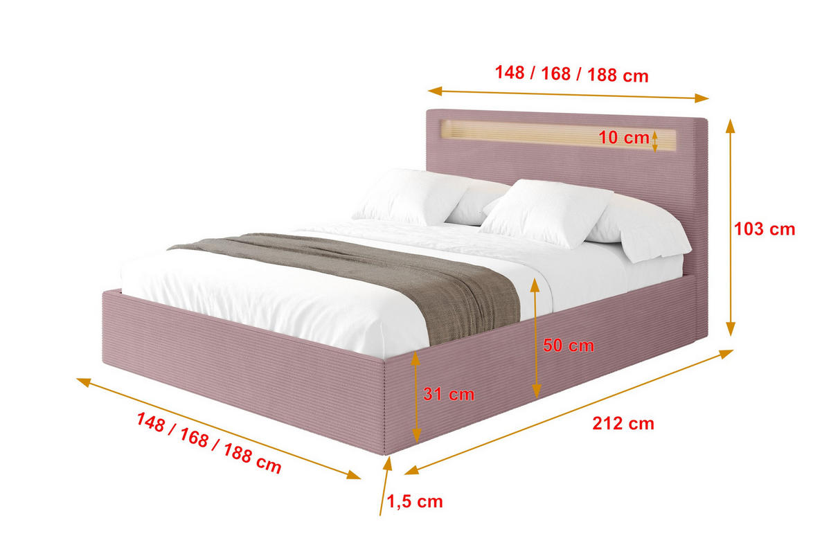 POLSTERBETT mit Bettkasten und Lattenrost, Boxbett ohne Matratze - GOLA 180x200 Rosa - Rosa, Holzwerkstoff/Textil (180/200cm) - ALTDECOR