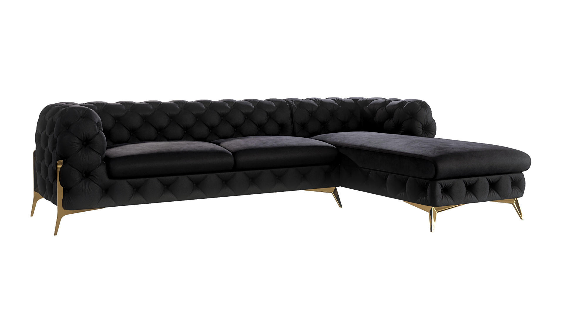 S-Style CHESTERFIELD ROHOVÁ SEDAČKA Lexi z černého sametu se zlatými nohami - otomán vpravo
