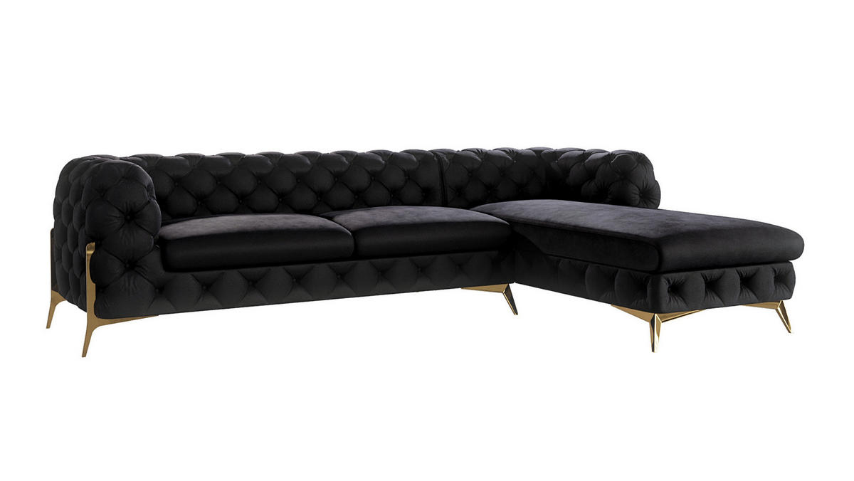 ECKSOFA Chesterfield Lexi Schwarz Samt, Ottomane rechts - Goldfarben/Schwarz, Holz/Textil (305/200cm) - S-Style Möbel