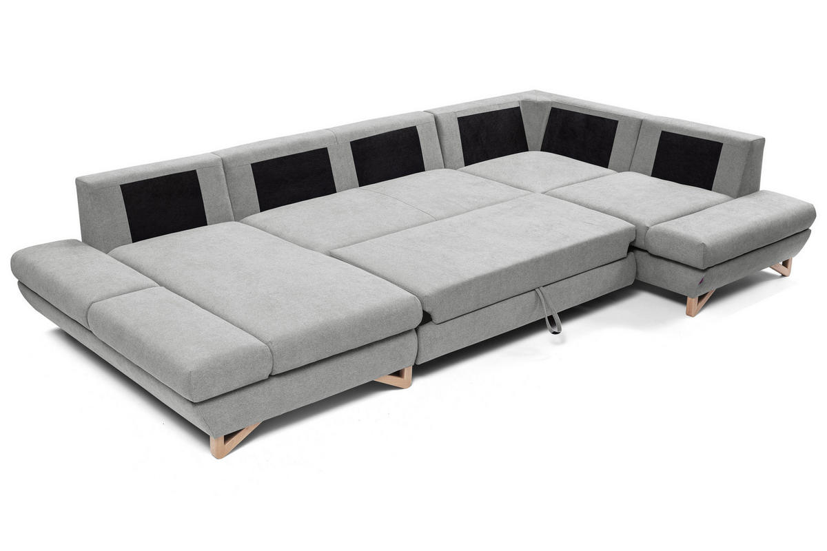 WOHNLANDSCHAFT CASA IV R-S Grau Plüsch-Stoff mit Schlaffunktion - Grau, Holz (344/100/199cm) - MASSENO