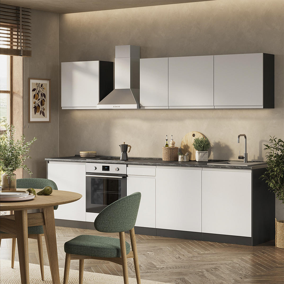 KÜCHENZEILE R-Line, Weiß/Anthrazit, 280 cm Arbeitsplatte Platin - Anthrazit/Weiß, Holzwerkstoff (280/206.8/60cm) - Vicco