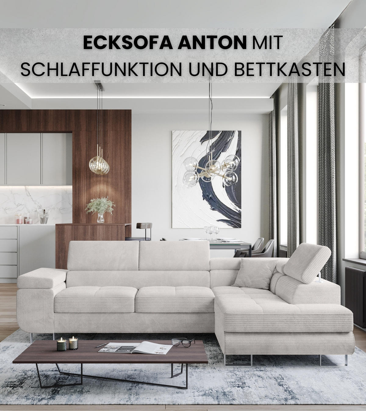 ECKSOFA Anton mit Schlaffunktion Weiß Cord - Silberfarben/Weiß, Textil/Metall (142/275cm) - Bromarkt