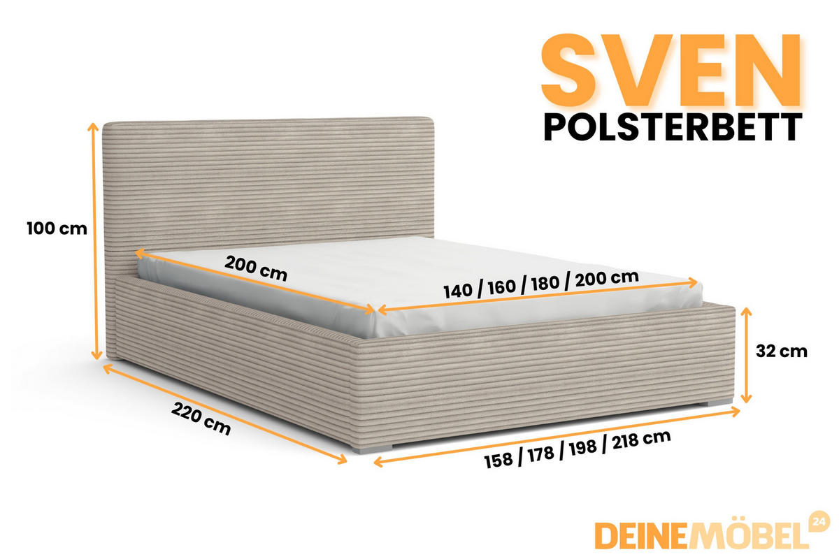 POLSTERBETT SVEN 160/200 in Cord Beige - Beige, Holz/Holzwerkstoff (160/200cm) - Deine Möbel 24