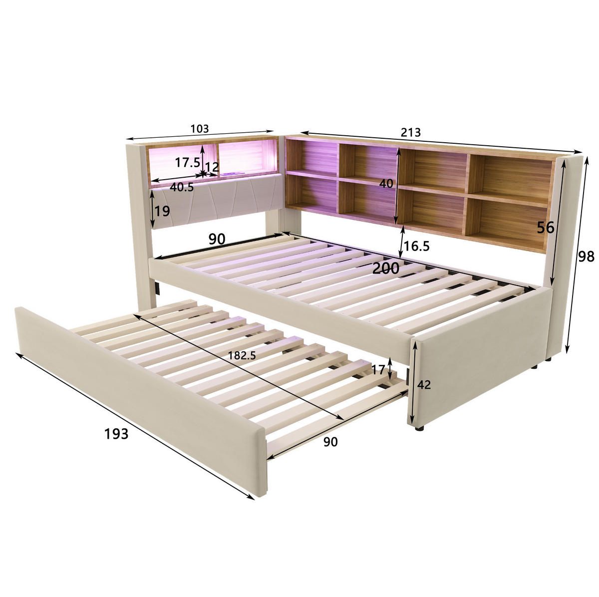 BETT 90/200 cm mit Ausziehbett 90/190 cm, LED-Beleuchtung, USB-C, Steckdose und Stauraum, Beige - Beige, Textil (90/200cm) - Redom