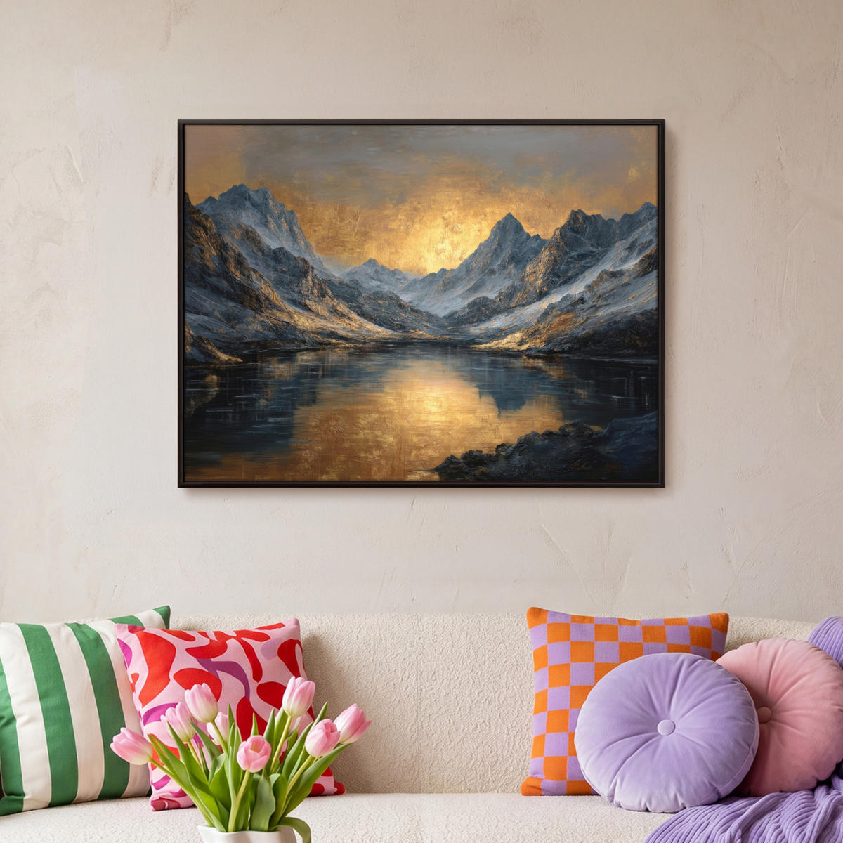 LEINWAND Bilder mit Rahmen - Bergkulisse mit goldenem Sonnenuntergang - 70x50 - Goldfarben, Textil (70/50cm) - MuchoWow