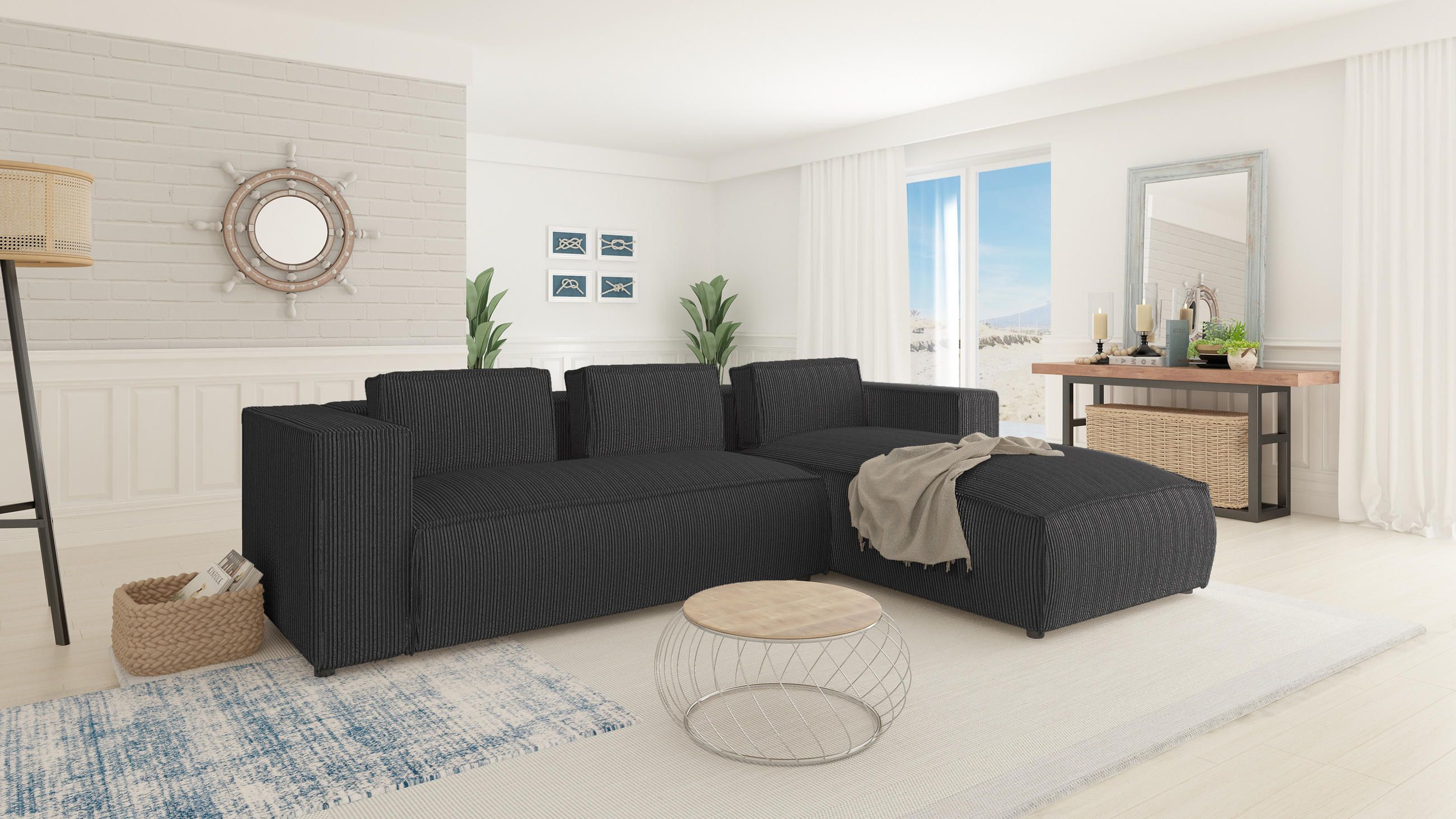 ECKSOFA Nova Grau Cord, Ottomane rechts - Schwarz/Grau, Holz/Kunststoff (262/176cm) - S-Style Möbel