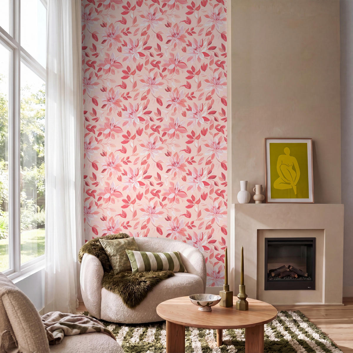 TAPETE - Botanisch - Blumen - Rot - 140x280 cm - Koralle, Papier (140/280cm) - OnlyWow