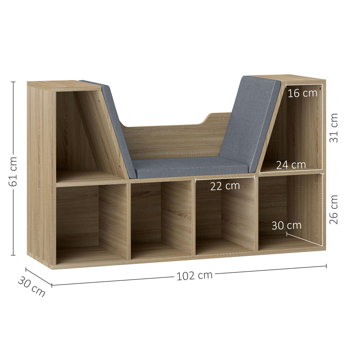 KINDERREGA DE-15492 102/30/61 cm, 6 Fächer, 3 Kissen Eiche Grau - Eichefarben, Holzwerkstoff (102/61/30cm) - ComfortXL