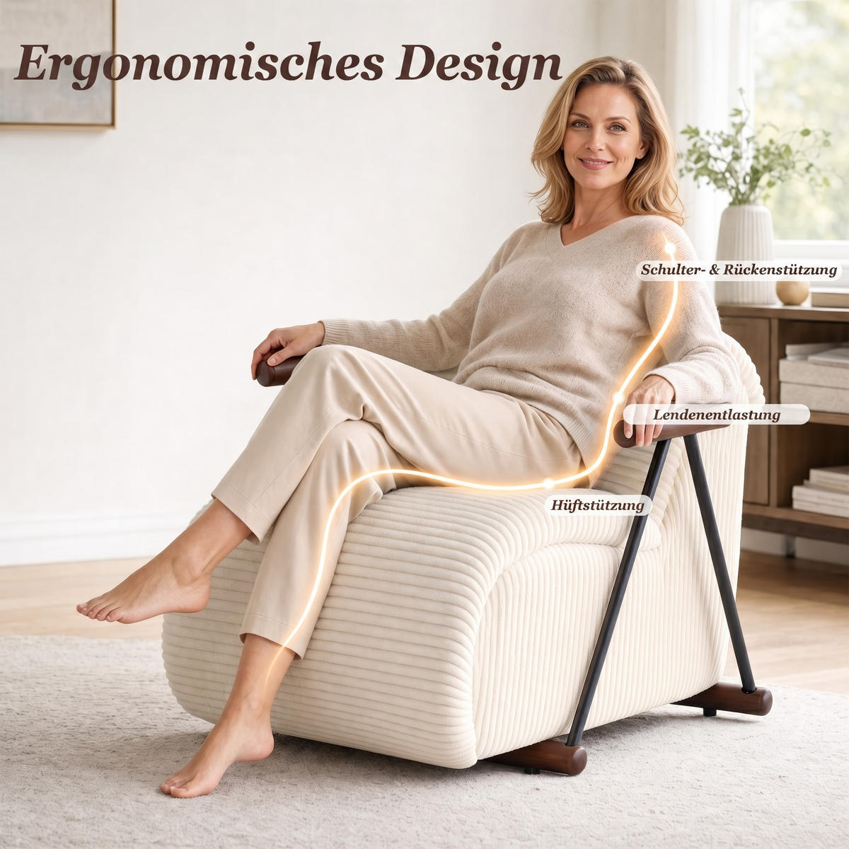 XXL-SESSEL mit Armlehnen, Cord Loungesessel, Ergonomisch, Beige - Beige, Textil/Metall (71/75/100cm) - LVHOM