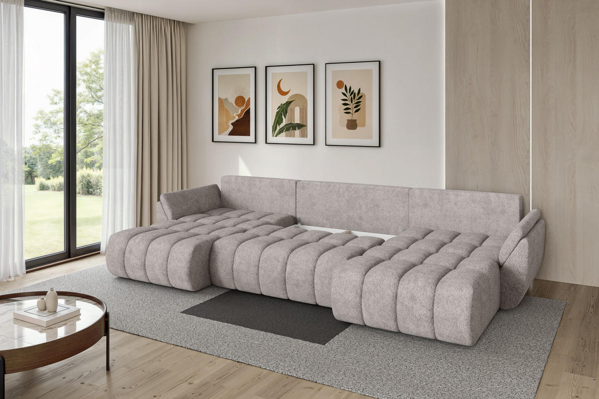 SEDACÍ SOUPRAVA DO U s funkcí spaní a úložným prostorem TOKO-U-v1 378x194x86 světle šedá velur - černá/světle šedá, kompozitní dřevo/textil (378/86/194cm) - ALTDECOR