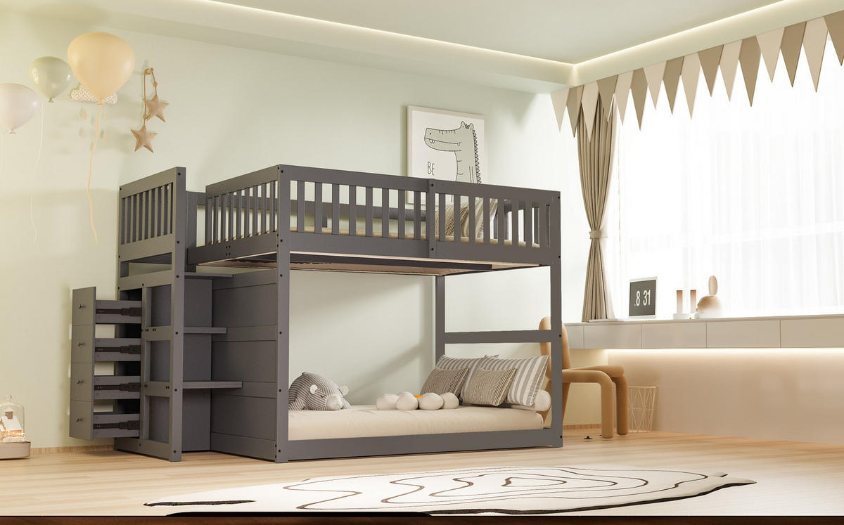 ETAGENBETT niedrig mit Treppe und 4 Schubladen 140x200 cm Grau - Grau, Holzwerkstoff (140/200cm) - Beauniv