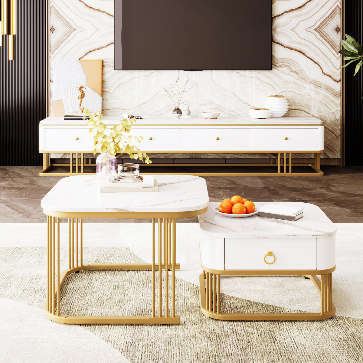 COUCHTISCH Weiß Gold 2er-Set 60/60/45 cm 50/50/34 cm - Weiß, Holzwerkstoff (60/60/45cm) - PANGIVO