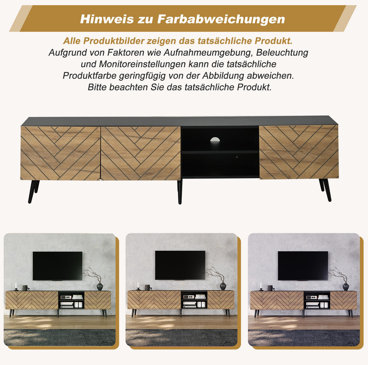 TV-LOWBOARD 180/33,5/45 cm naturfarben-schwarz aus Spanplatte mit Kabeldurchführung - Naturfarben, Holzwerkstoff (180/45/33.5cm) - OKWISH
