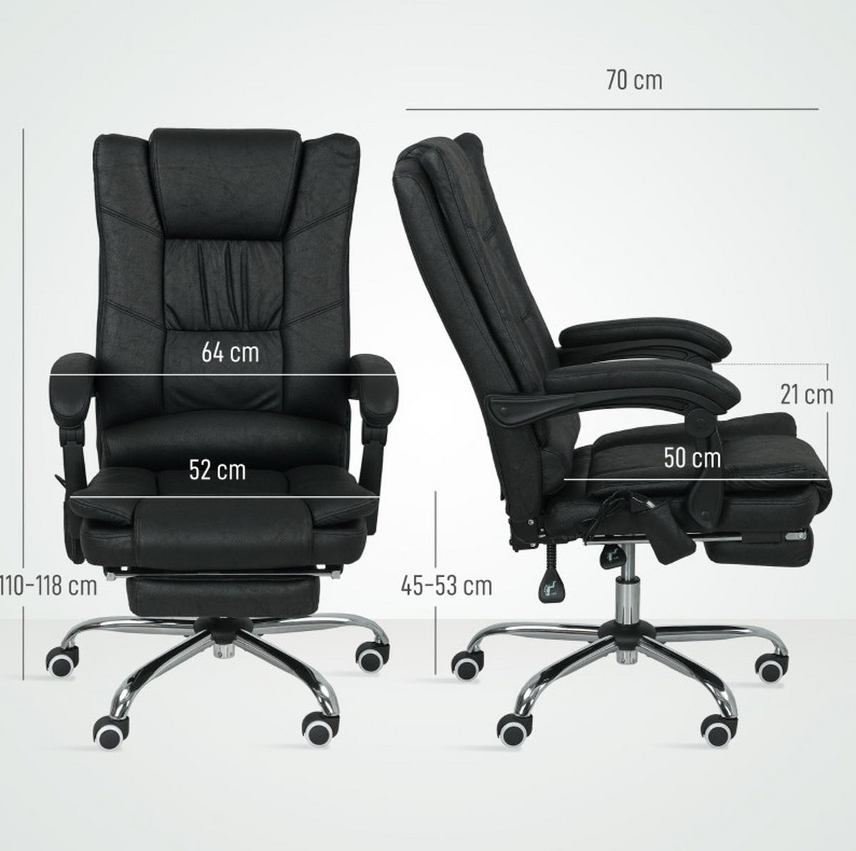 GAMINGSTUHL 64/70/110-118 cm, Massage & Wärme, Fußstütze, Mikrofaser, Schwarz - Schwarz, Kunststoff (70/118/64cm) - Redom