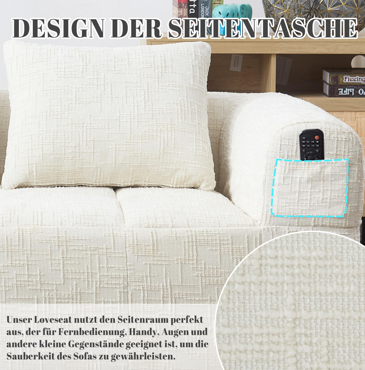 POHOVKA 158/90/60 cm béžová z chenille s kapsami a polštářem - béžová, textil (60/158/90cm) - OKWISH