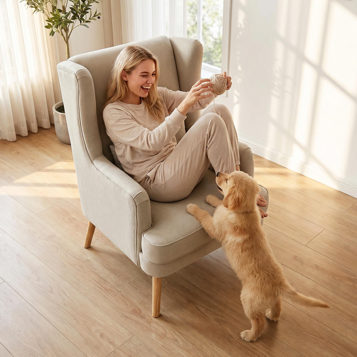 OHRENSESSEL Leinen, Gummiholz Beige - Beige/Naturfarben, Holz/Textil (77/110/77cm) - HOMCOM