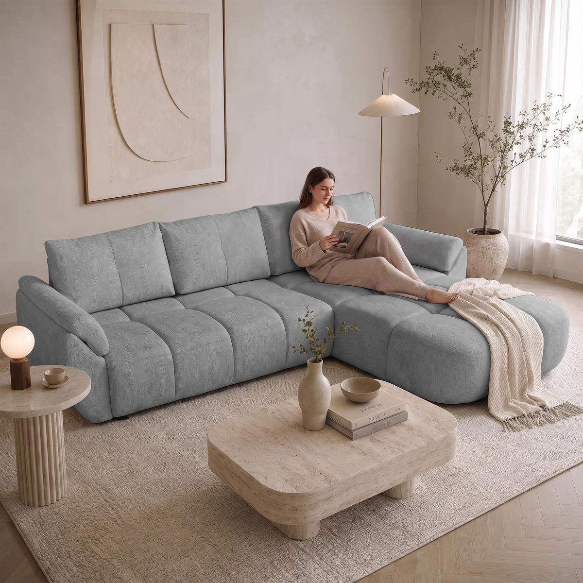 ECKSOFA Massimo, universelle Eckschlafsofa 280 cm mit Schlaffunktion und Bettkasten, Hellgrau - Hellgrau, Textil (283/204cm) - Beautysofa