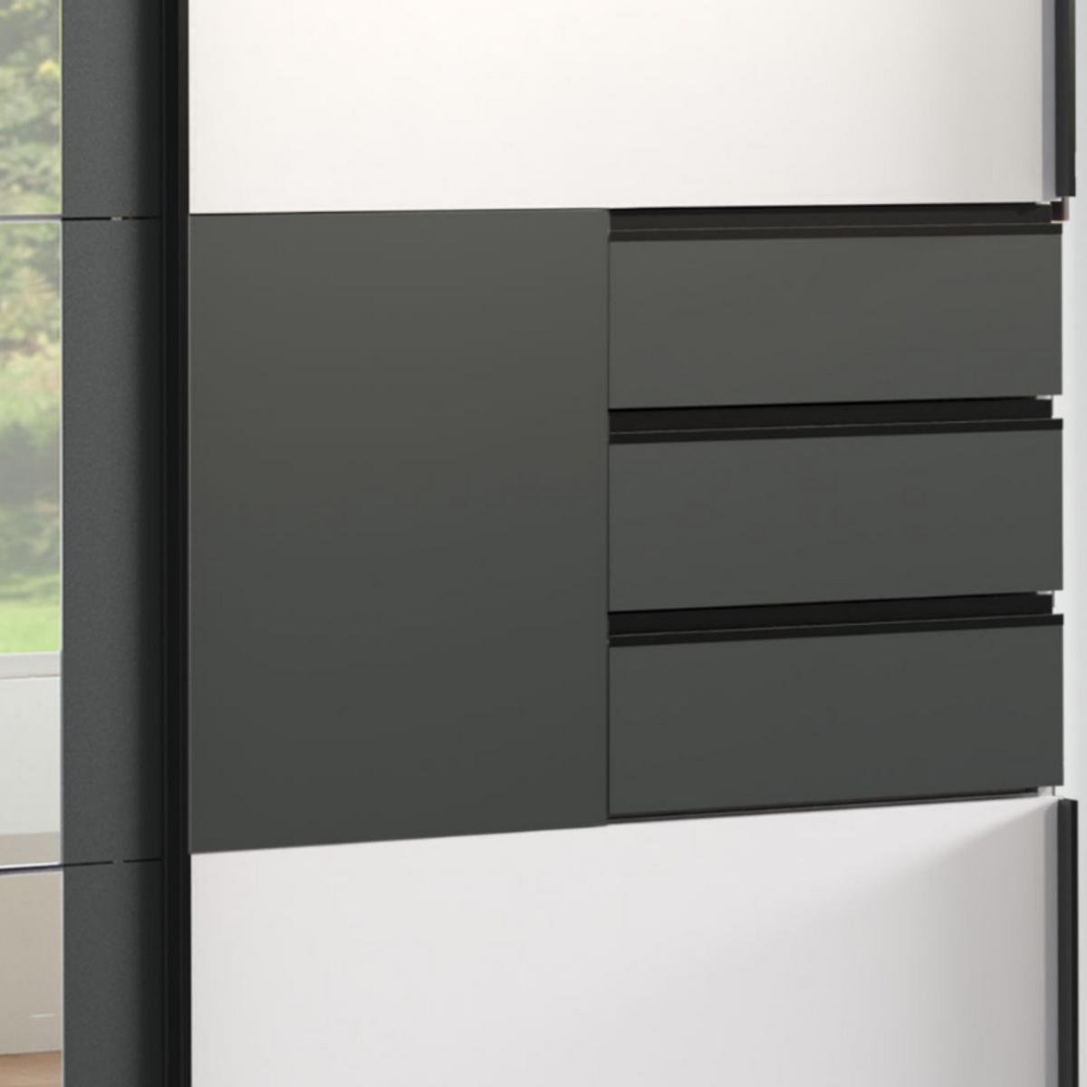 SCHWEBETÜRENSCHRANK 3-türig mit Spiegel, Schubladen, Vollausstattung in Weiß mit Absetzungen in Grafit, B270/H208/64 cm / 22502 - Schwarz/Weiß, Holzwerkstoff/Metall (270/208/64cm) - luma-home