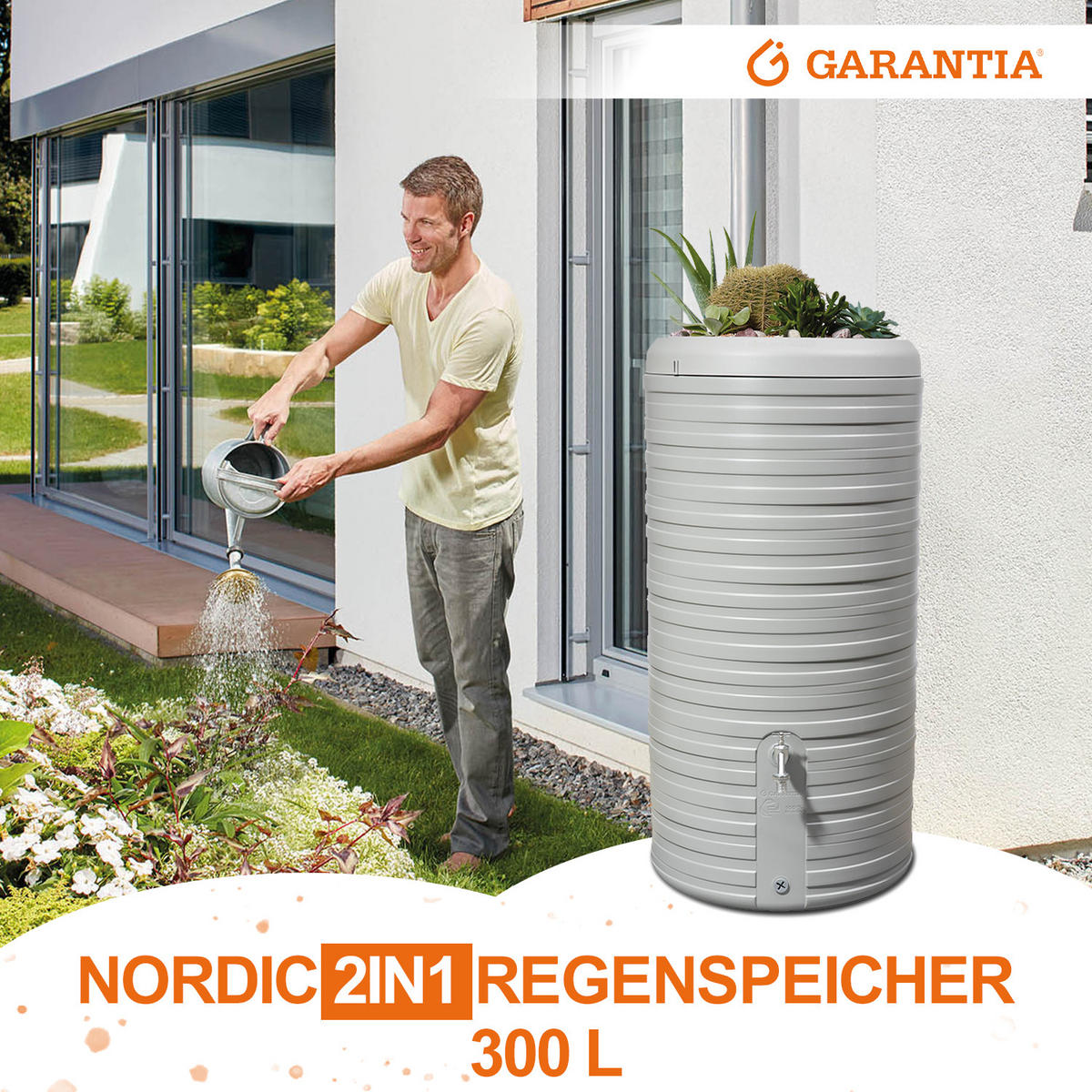 2IN1 Regenspeicher 300 L, steingrau inkl. Pflanzschale - Grau, Kunststoff (59/118/59cm) - GARANTIA