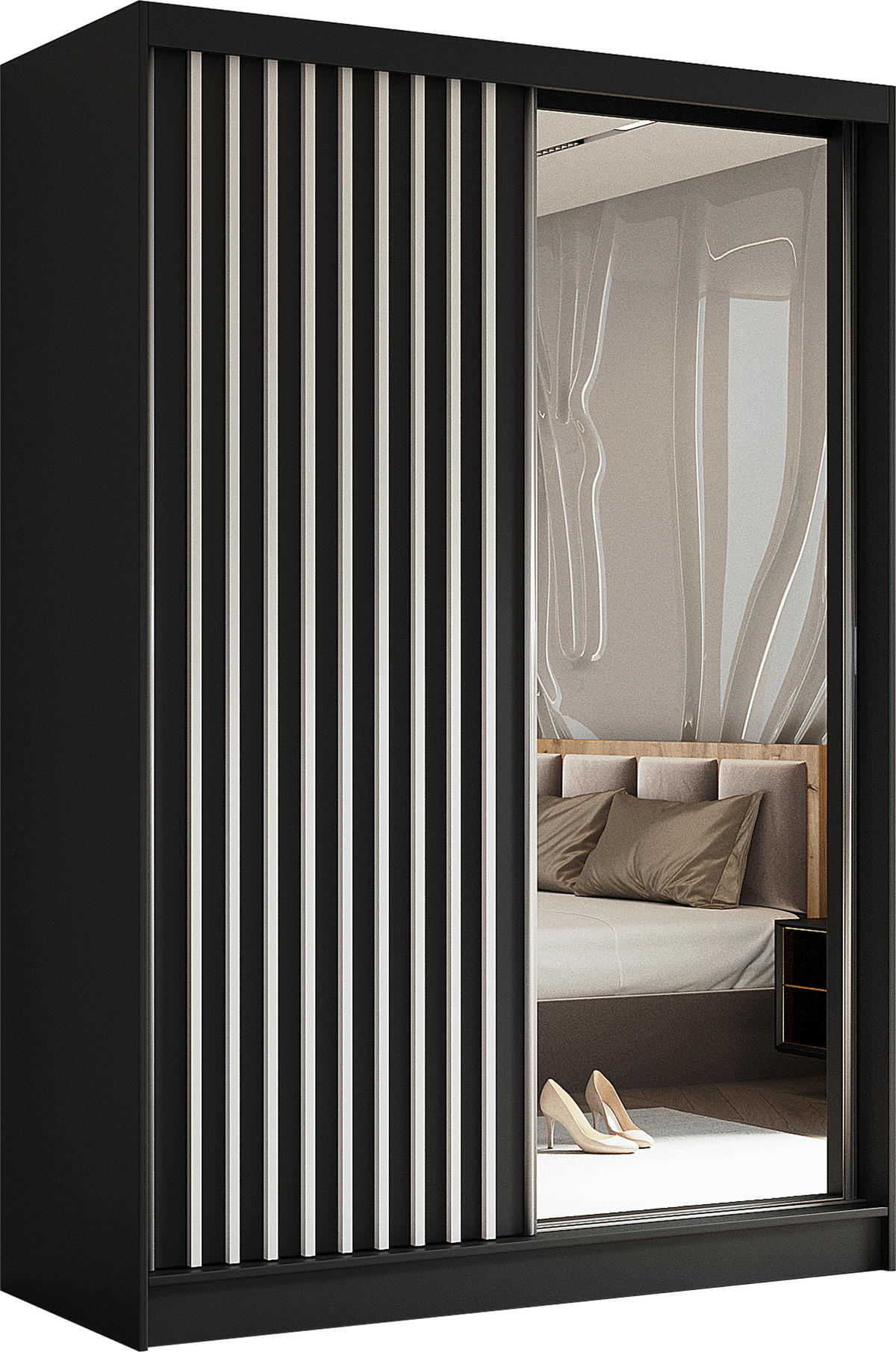 SCHWEBETÜRENSCHRANK Cabinio Schwarz Weiß 150/216/61 cm – mit Spiegel und Lamellen - Schwarz/Weiß, Holzwerkstoff/Kunststoff (150/216/61cm) - AX Living
