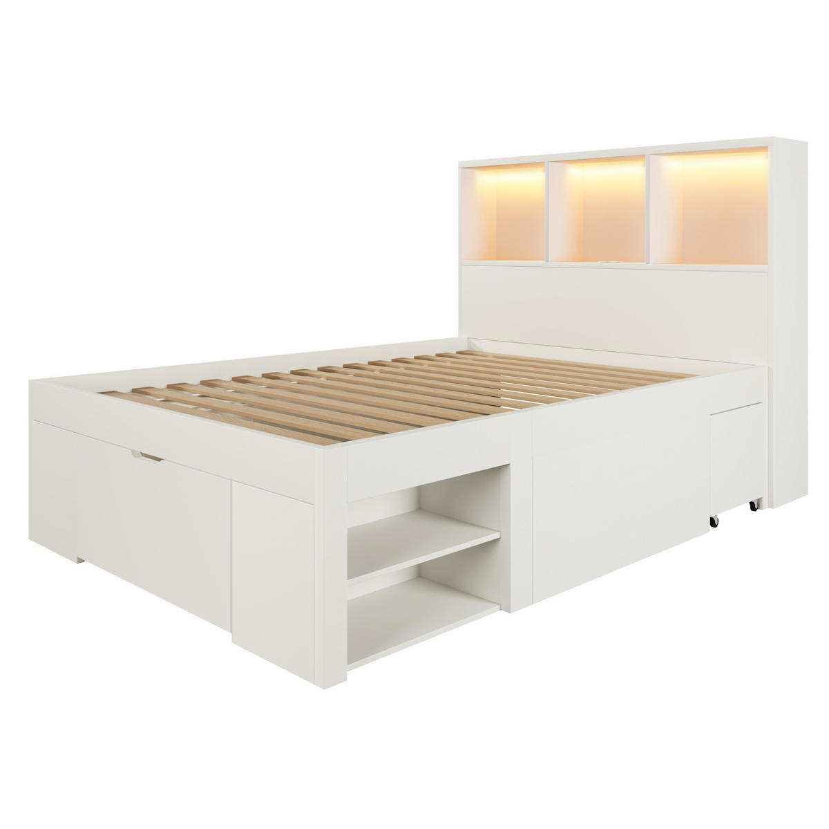 BETT mit Kopfteil 90/200 cm in Weiß – inkl. Lattenrost, Bettkasten und Nachttisch - Weiß, Holzwerkstoff (90/200cm) - BEAOK
